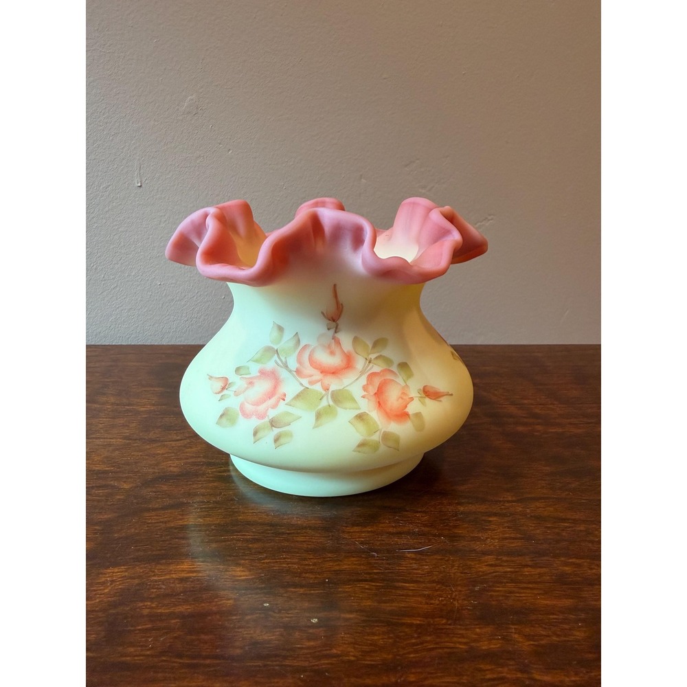 Vintage Fenton Rose Burmese Glass Ruffled Crimped Vase, Handpainted Signed
